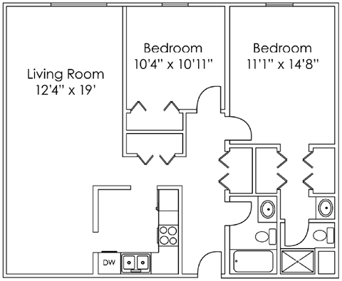 Floor plan for 2 beds, 2 baths, 1010 sqft